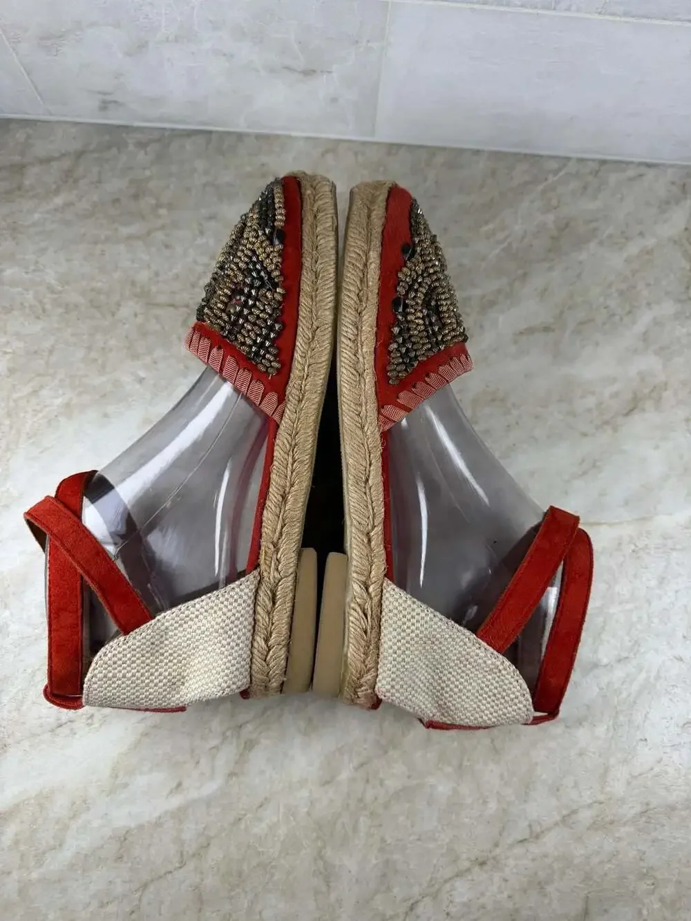BOC Red Suede Beaded Espadrille Wedge Sandals Ankle Strap Boho Women’s Size 8
